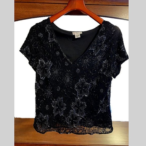 Sheer silk, black, beaded top with  lining - Picture 1 of 4